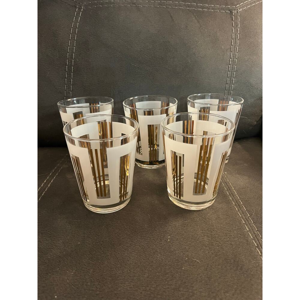 Set of 5 Vintage Frosted Panel Gold Art Deco MCM 4 1/2 glasses